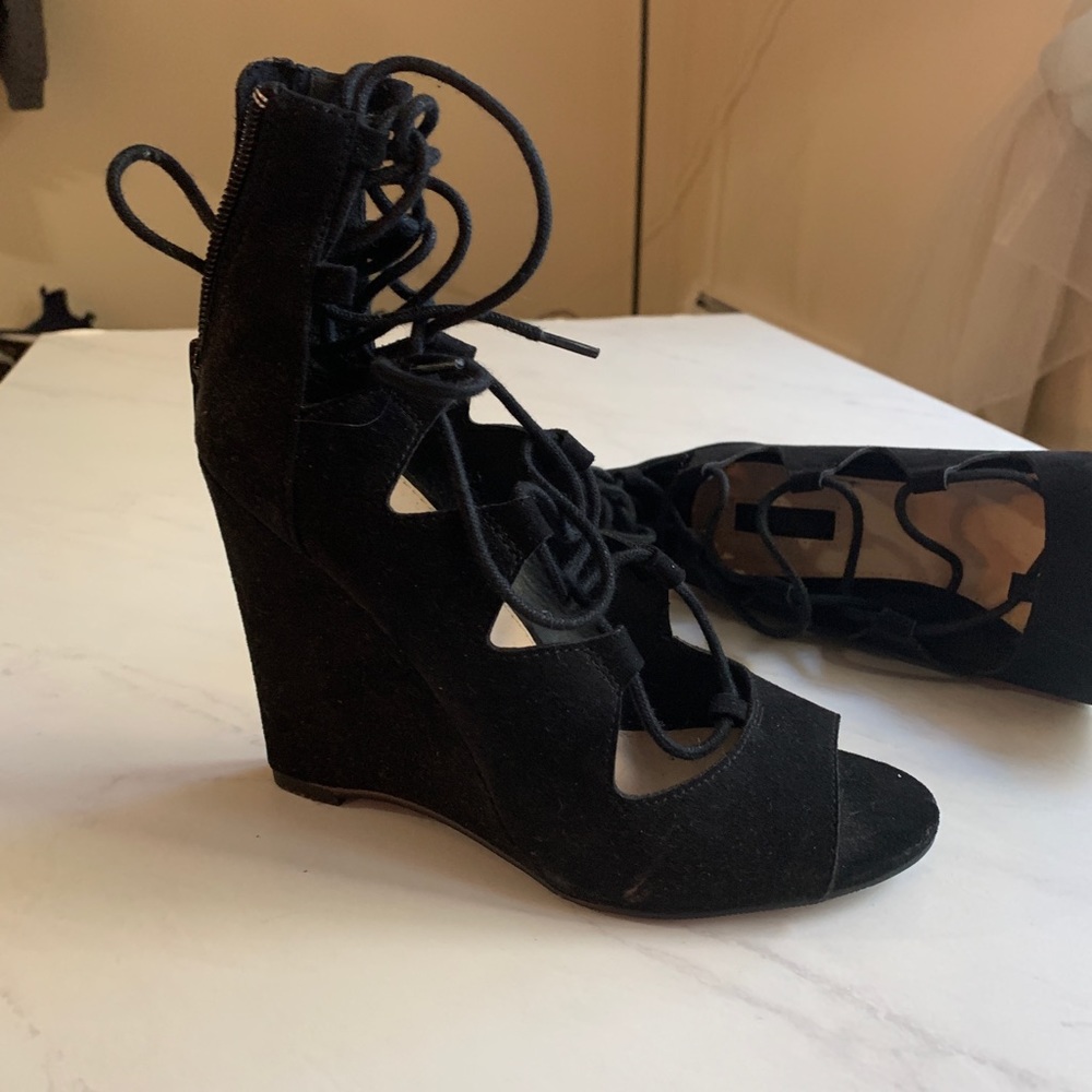 Black lace up wedges
